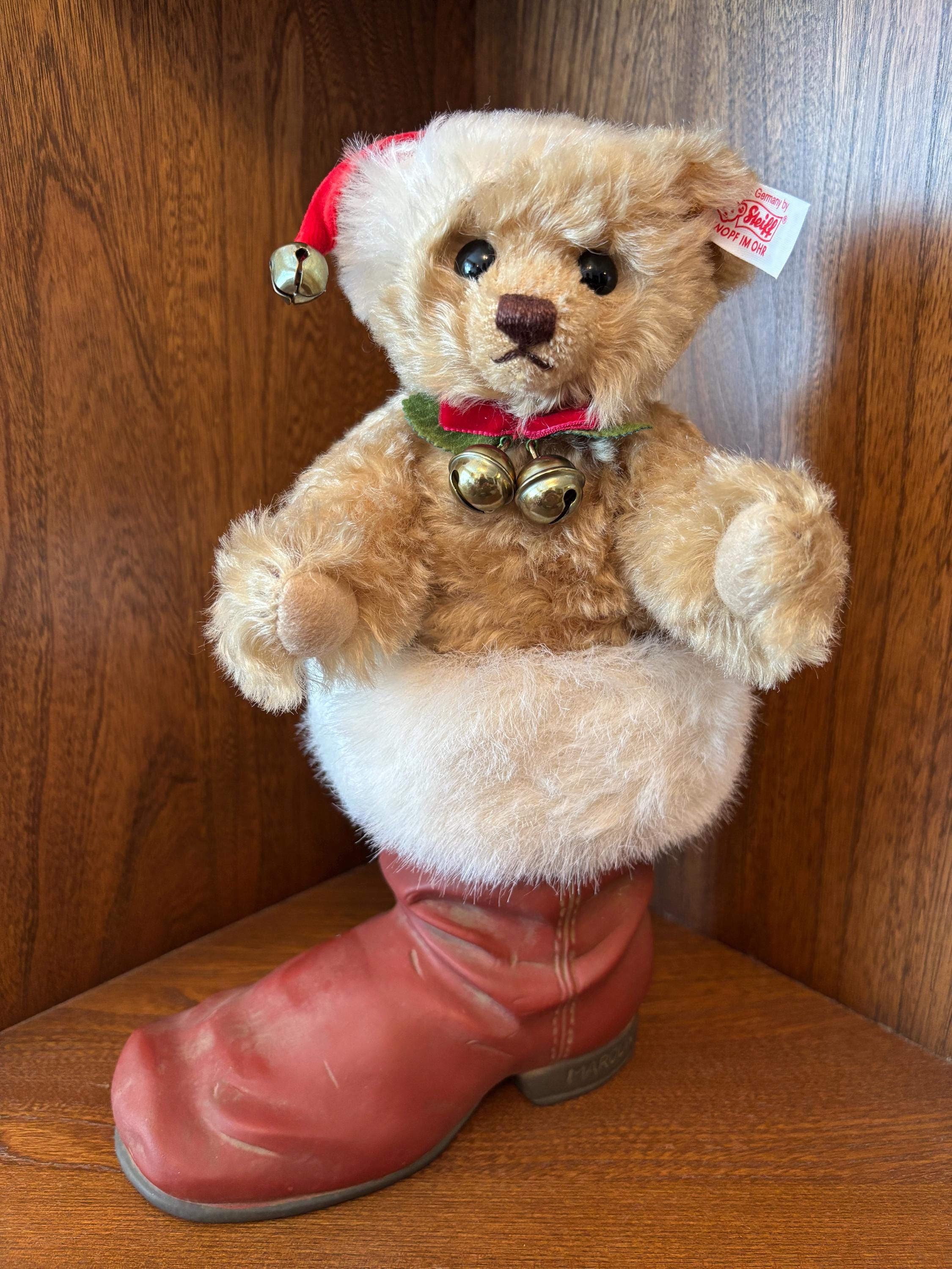 ★ シュタイフ 2001年 クリスマス ブーツ イン ベア ★白タグ世界限定品 シュタイフ テディベア ブーツイン クリスマス 2001 ブロンド 21 cm
