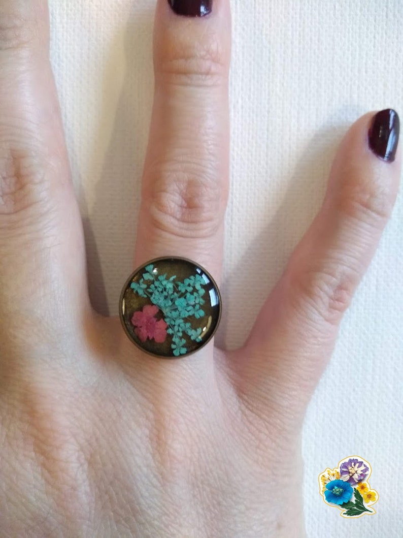 Light Blue and Red Adjustable Flower Ring