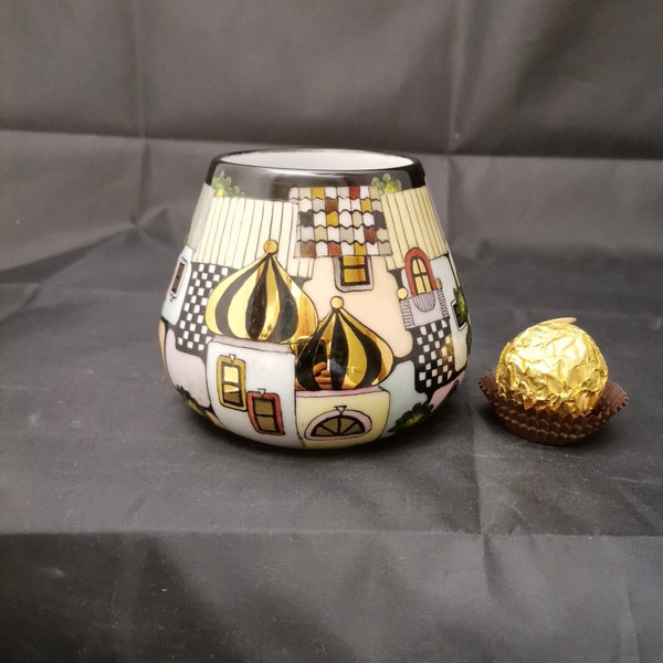 Kleine, handbemalte Vase im Stil Hundertwasser, Höhe ca. 8 cm, Unikat