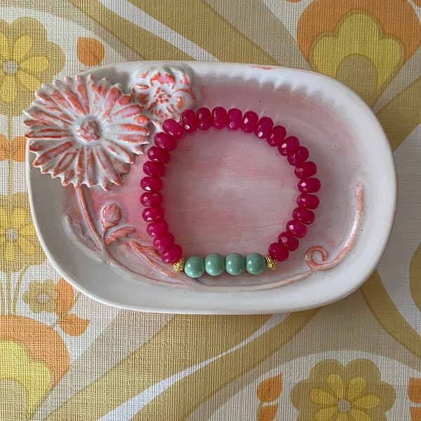 Hot Pink Candy Rondelle Jade Beaded Bracelet, Round Turquoise Stones, Beachy San Diego Jewelry, Boho Chic,Wrapped Jewelry Gift Wife,BFF