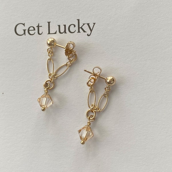 Lucky Girl! Dainty Gold Filled Stud Chain Swarovski Crystal Bead Earrings Minimalist Vintage Earrings Korean Earrings
