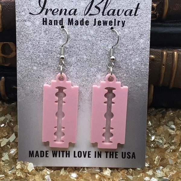 Razor Blade Earrings, Rose Pink Acrylic, Gothic Jewelry, Coffin Jewelry, Goth Earrings, Pastel Goth Earrings, Pastel Goth Punk