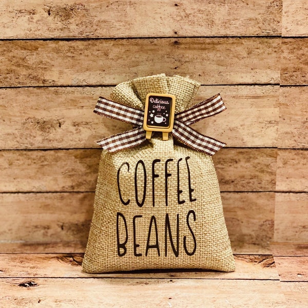 The ORIGINAL mini burlap sack for coffee tiered tray decor; coffee decor; coffee bar; coffee beans; farmhouse tier tray