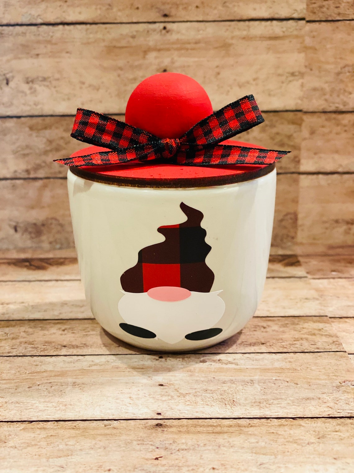 Rae Dunn inspired Christmas gnome jar with wooden lid for Etsy