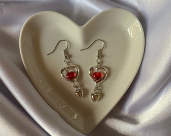 attaboy     |     red heart silver grunge alt dangle earrings