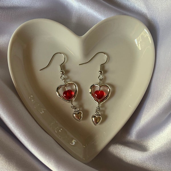 attaboy     |     red heart silver grunge alt dangle earrings