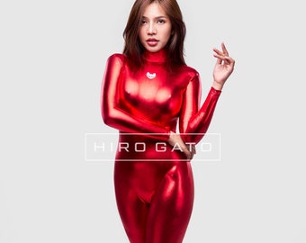 HIRO GATO Shiny Metallic Spandex Catsuit Red Burning Suit Rave Party Zentai Bodysuit