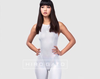 HIRO GATO Mystique Sparkle Spandex Unitard White Burning Suit Rave Party Catsuit Bodysuit