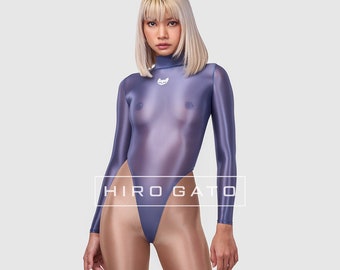 HIRO GATO Sheer Nylon Hoge Been Spandex Turnpak Marineblauw Branderpak Rave Party Catsuit Bodysuit Taille