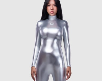 HIRO GATO Glanzend Metallic Spandex Catsuit Zilver Brandend Pak Rave Party Zentai Bodysuit