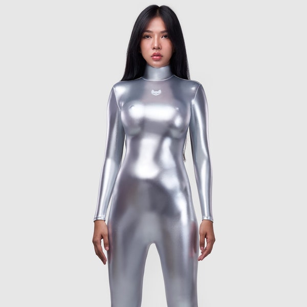 HIRO GATO Shiny Metallic Spandex Catsuit Silver Burning Suit Rave Party Zentai Bodysuit