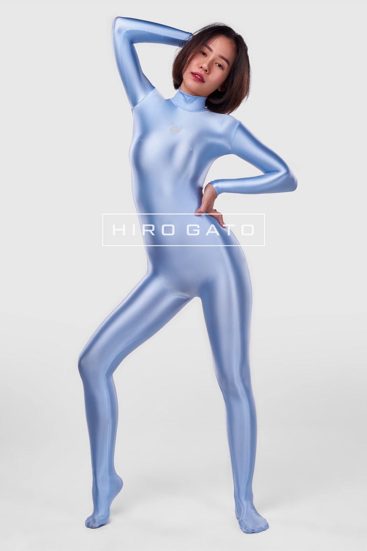 HIRO GATO Satin Spandex Silk Catsuit Baby Blue Burning Suit Rave Party  Zentai Bodysuit Man Woman 