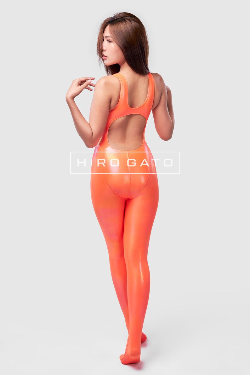 HIRO GATO Mystique Metallic Spandex Unitard Orange Burning Suit Rave Party Lycra Catsuit Bodysuit