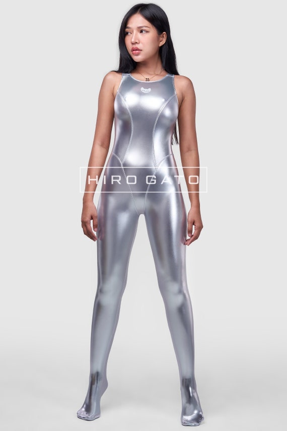 HIRO GATO Shiny Metallic Spandex Unitard Silver Burning Suit Rave