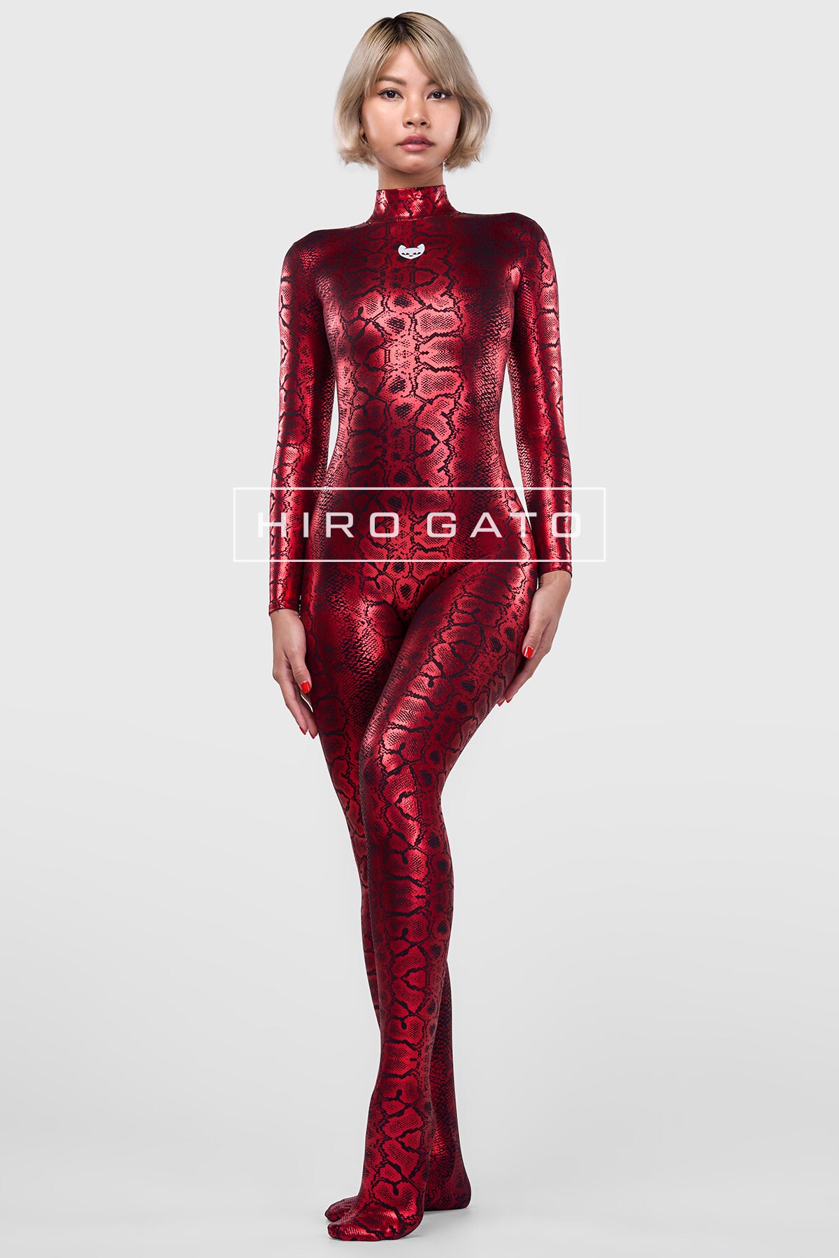 HIRO GATO Snakeskin Catsuit Black Red Shiny Metallic Lycra - Etsy