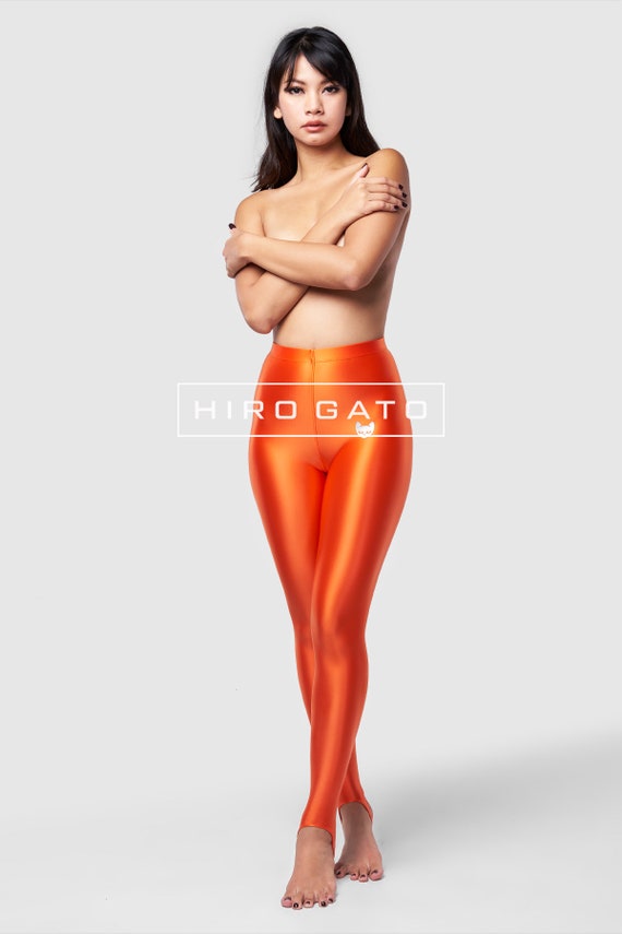 HIRO GATO Shiny Satin Spandex Legging Orange Yoga Pants Yogapants