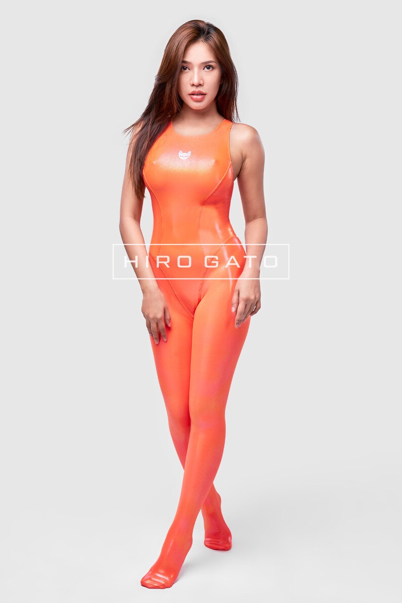 HIRO GATO Mystique Metallic Spandex Unitard Orange Burning Suit Rave Party Lycra Catsuit Bodysuit