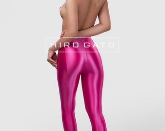 HIRO GATO Shiny Satin Spandex Legging Hot Pink Yoga Pants