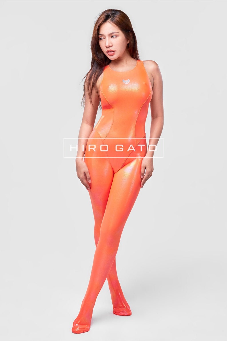 HIRO GATO Mystique Metallic Spandex Unitard Orange Burning Suit Rave Party Lycra Catsuit Bodysuit