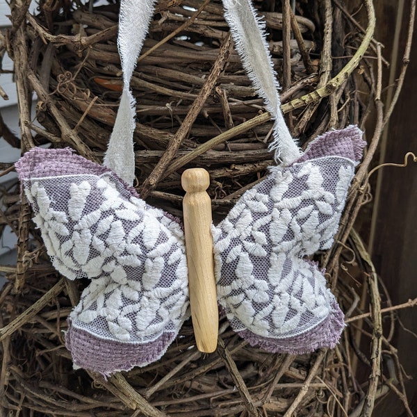 Reclaimed Vintage Lace Hanging Clothespin Butterfly