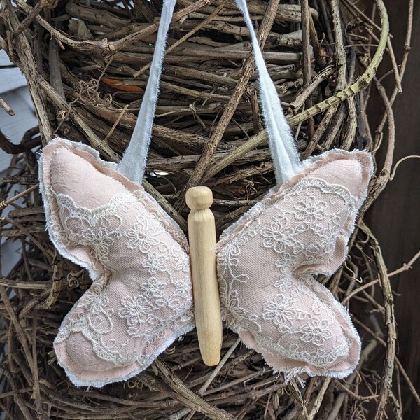 Reclaimed Vintage Lace Hanging Clothespin Butterfly