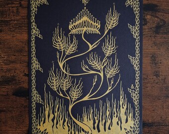 Scorched Earth - Original dark botanical drawing, gold ink on black archival paper - A4.
