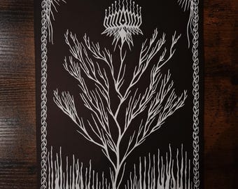 Last Days of the Wood Snake - Original dark botanical drawing, white ink on black archival paper - A4.