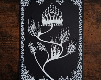 Essence - Original dark botanical drawing, white ink on black archival paper - A5.