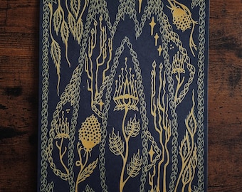 The Caverns - Original dark botanical drawing, gold ink on black archival paper - A4.