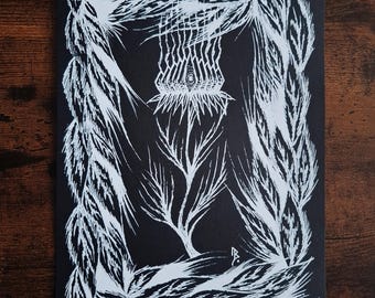 The Void Is The Field - Original dark botanical drawing, white ink on black archival paper - A4.