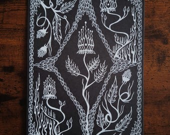 The Star - Original dark botanical drawing, white ink on black archival paper - A4.