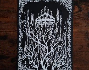 Burning Bush - Original dark botanical drawing, white ink on black archival paper - A5.