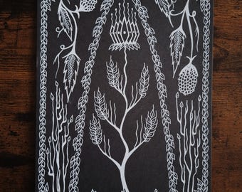 The Doorway - Original dark botanical drawing, white ink on black archival paper - A4.