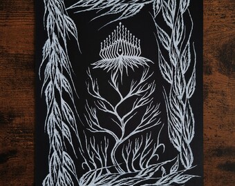 The Void Is The Vessel - Original dark botanical drawing, white ink on black archival paper - A4.
