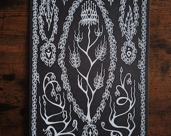 The Pendant - Original dark botanical drawing, white ink on black archival paper - A4.