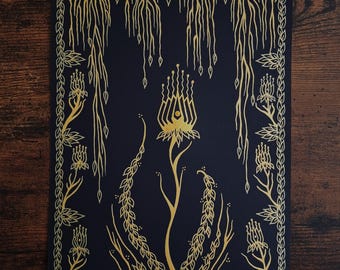 Drip - Original dark botanical drawing, gold ink on black archival paper - A4.