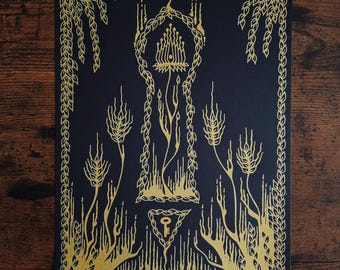 Key to the Secret Garden - Original dark botanical drawing, gold ink on black archival paper - A4.