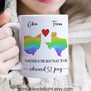 Rainbow Love Map Mug, Taza de cerámica de café y té personalizada, TAZA ESTATAL DE EE. UU., Mapa de amor de 2 países, Diseño de taza LGBT, Ideas de regalo LBGT, Presente