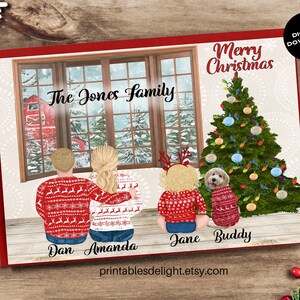 Tarjeta de Navidad de ilustración familiar, Tarjeta de Navidad personalizada, Dibujo familiar, Tarjeta de Navidad familiar personalizada, Tarjeta de descarga digital, 5x7Art