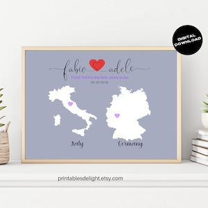 Mapa do amor para presente de casamento, arte de parede romântica de longa distância, uma impressão em qualquer 2 países, mapa de arte do amor, presente de noivado para casal, download digital