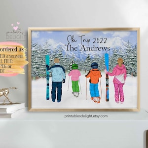 Póster imprimible personalizado de familia de esquiadores, impresiones personalizadas de familia de esquiadores, regalo para familia amante de las actividades al aire libre, impresión de deportes de invierno, arte de esquiador personalizado