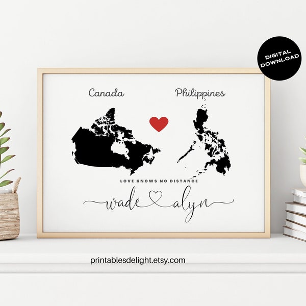 Love Map, Engagement and Wedding Gift, Personalized Country Map in Black & White, Long Distance Relationship Gift, Anniversary Gift