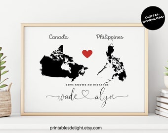 Love Map, Engagement and Wedding Gift, Personalized Country Map in Black & White, Long Distance Relationship Gift, Anniversary Gift