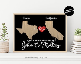 Country Love Map, Long Distance Romance Wall Art, One Print Any 2 Countries, Love Art Map, Regalo di fidanzamento per coppia, Download digitale