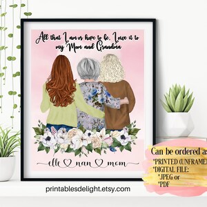 Impression d'art aquarelle mère, fille, grand-mère, cadeau personnalisé pour la fête des mères, affiche pour maman, cadeau floral pour maman, idée d'illustration de famille