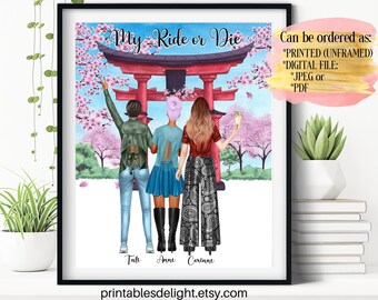 Personalized Best Friend Poster, Japan Travel Besties, BFF Birthday Present, Sister Custom Portrait, Sorority Sister Art, Gift for Besties