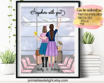Best Friends at the Airport, Travel Besties, BFF Birthday Present, Sister Custom Portrait, Sorority Sister Art, Personalized Gift Poster
