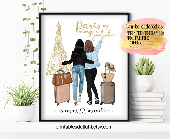 Best Friend Paris Travel Art Illustration, Best Friend Going Away Gift, Sister Gift, Travel Buddies Custom Art, Paris Gold Besties Art Print