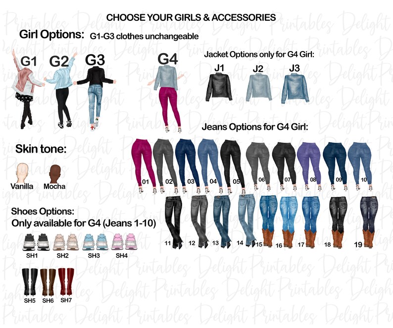 May include: A digital illustration of customizable girl characters with different clothing options. Choose from three different girl styles, with options for skin tone, jeans, shoes, and jackets. The text on the image reads "Choose your girls & accessories", "Girl Options: G1-G3 clothes unchangeable", "Jacket Options only for G4 Girl", "Jeans Options for G4 Girl", "Skin tone", "Vanilla", "Mocha", "Shoes Options: Only available for G4 (Jeans 1-10)"
