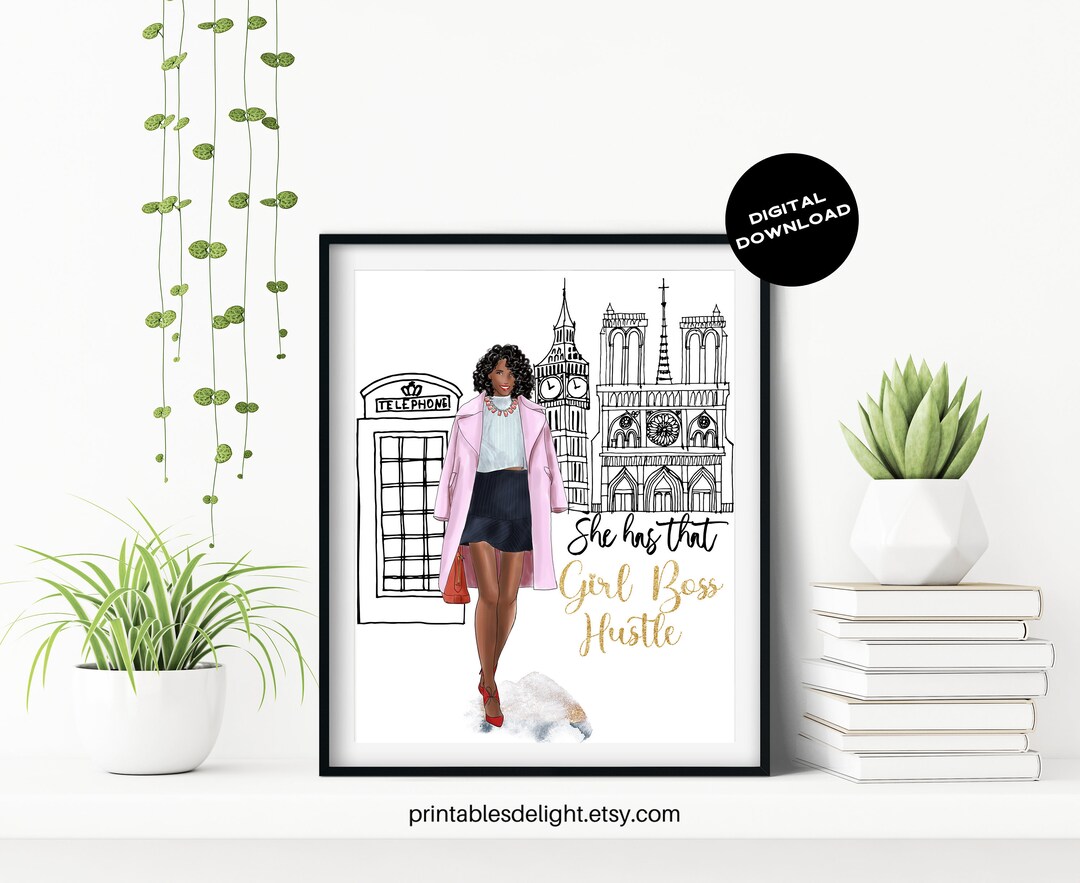 Girl Boss Hustle Fashion Illustration, London City Girl Wall Art.